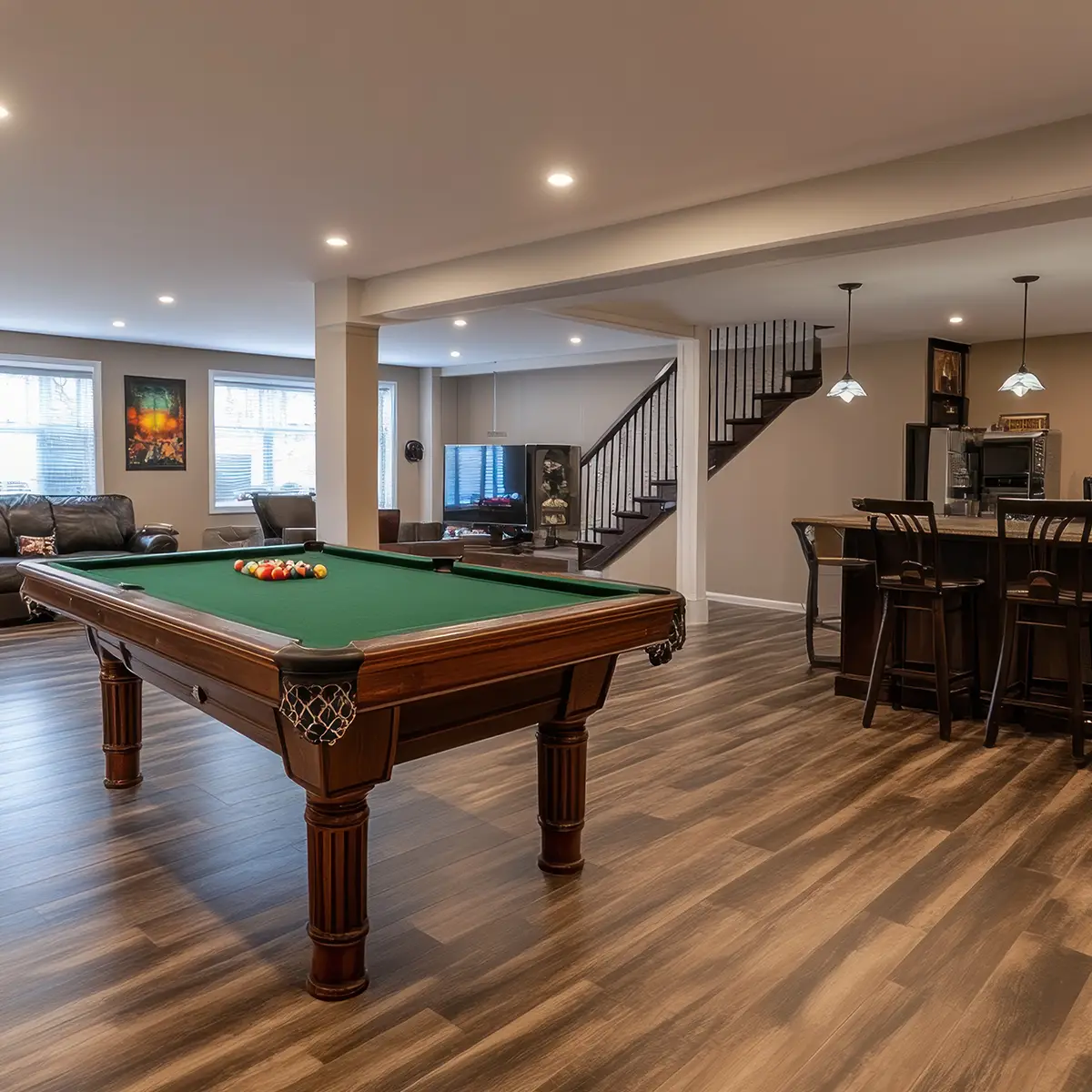 basement with pool table and a bar