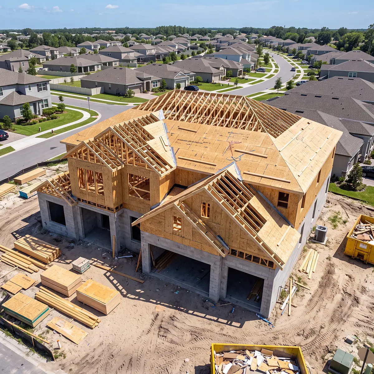 new residential house under construction in a suburban neighborhood